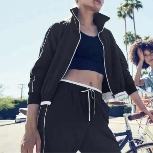 Athleta Brooklyn Black and White Full Zip Track Bomber Jacket Medium - Picture 1 of 7